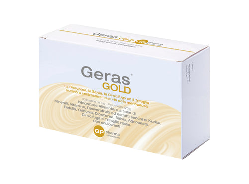 Geras Gold® Integratore nutraceutico costituito da  componenti che hanno dimostrato di contribuire a contrastare  i disturbi della menopausa.