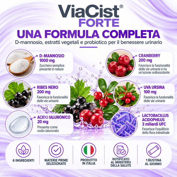 ViaCist Forte, integratore in bustine con D-mannosio, cranberry, ribes nero, uva ursina, acido ialuronico e Lactobacillus acidophilus per il benessere delle vie urinarie