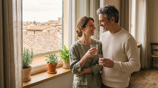 Coppia che beve acqua alla finestra, guide sulle vie urinarie